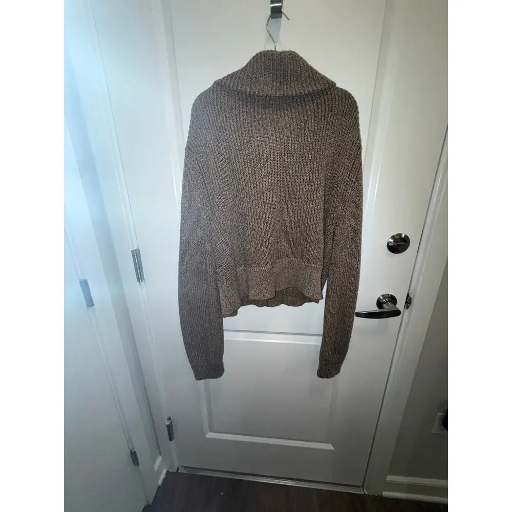 Varley Chunky Knit Quarter Zip Sweater Women Brown Oversized Collar Cozy